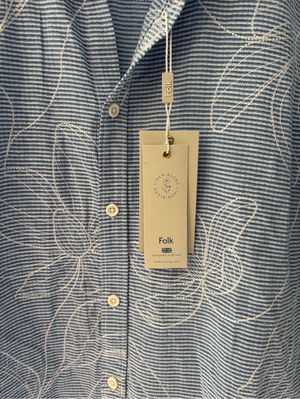 FOLK Blue Striped White Floral Embroidery Resort Camp Collar Shirt Size L NWT - Picture 4 of 7